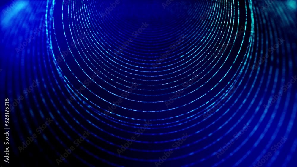 Poster 4k seamless looped science-fiction blue background with radial structures, particles oscillate and m