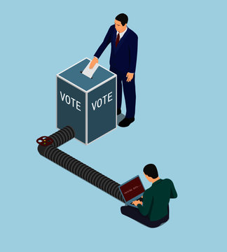 Election Intervention In Isometric.  A Man With A Laptop Is Hacking Into The Election Database. 