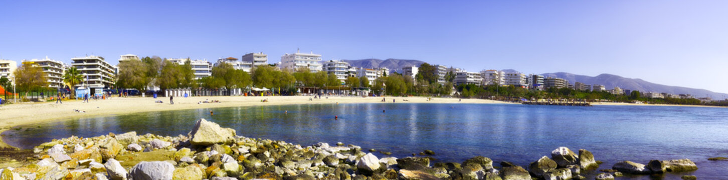Panoramic view of the Kalamaki Beach in February, from Athens, Greece