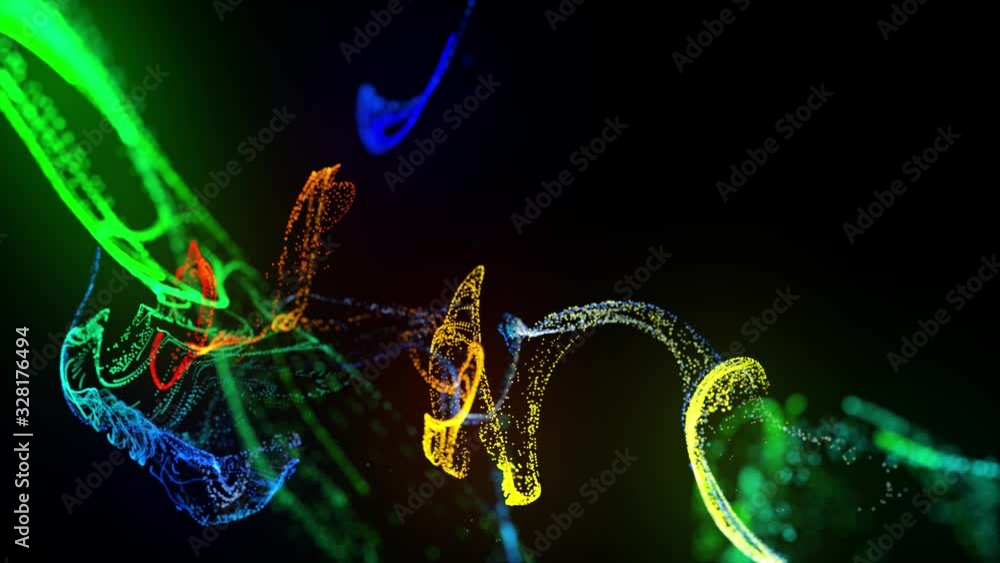 Poster injection of fluorescent multicolor ink in water in 4k. 3d render of glow particles in ink flow. lum