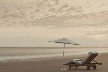 Strandliege und Sonnenschirm bei verlassenem Strand im Abendlicht. 3D Rendering
