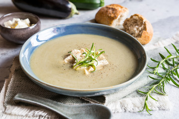 Creamy Eggplant and zucchini soup with Balkan cheese