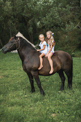 Horse riding, portrait of lovely two little girls sisters on a dark horse, outdoors in the field with green grass.