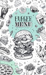 Burger menu. Vintage template with hand drawn sketches of hamburger and infographic with fast food ingredients. Engraving style vector icons - pizza, tacos, barbecue, beverages and sweets
