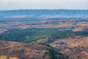 Aereal view of a valley with a lot of evergreen trees on it, a mountain range and some fog on the image