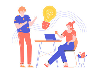 Brainstorming and generating ideas. Work in a creative team. Girl is sitting at the desk with a laptop. The guy is standing nearby. Light bulb icon. Discussion of the project. Vector flat illustration