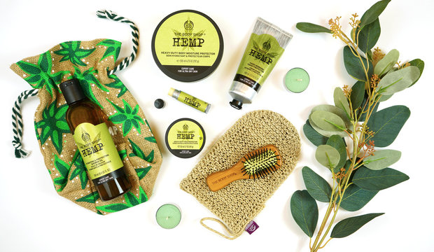Natural hemp Body Shop skincare and beauty products made from a strain of the Cannabis sativa plant species that is grown specifically for industrial uses. Adelaide, South Adelaide - March 2, 2020.