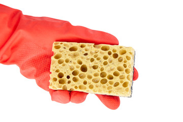 Hand in glove, household dishwashing sponge from reticulated foam