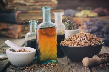 Healthy oak bark in bowl, infusion or tincture bottles. Mortar and bowls of medicinal herbs and...