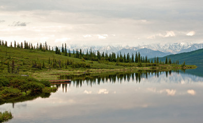 Mountain lake in early morning light in Denali National Park.