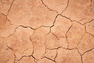 Full frame background of dry cracked light red colored earth