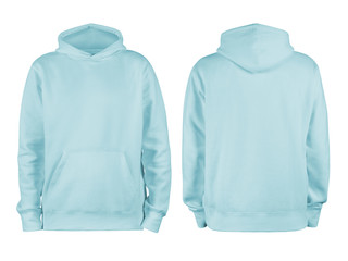 Men's pastel blue blank hoodie template,from two sides, natural shape on invisible mannequin, for...