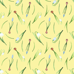 Seamless pattern with snowdrops and muscari on a yellow background. .