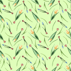 Watercolor seamless pattern with yellow tulips and snowdrops on a green background.