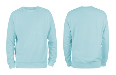Men's pastel blue blank sweatshirt template,from two sides, natural shape on invisible mannequin,...