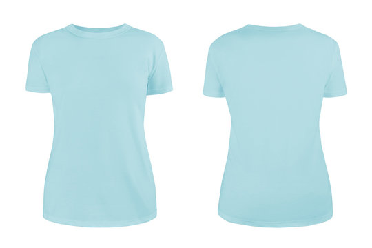 Women's pastel blue blank T-shirt template,from two sides, natural shape on invisible mannequin, for your design mockup for print, isolated on white background...