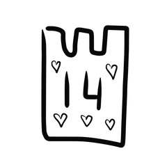 Single hand drawn calendar page with number 14. Doodle vector illustration for printing, greeting cards, posters, stickers, textile and seasonal design. Isolated on white background.