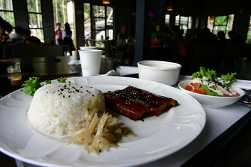 Close up shot of a plate of grill eel rice