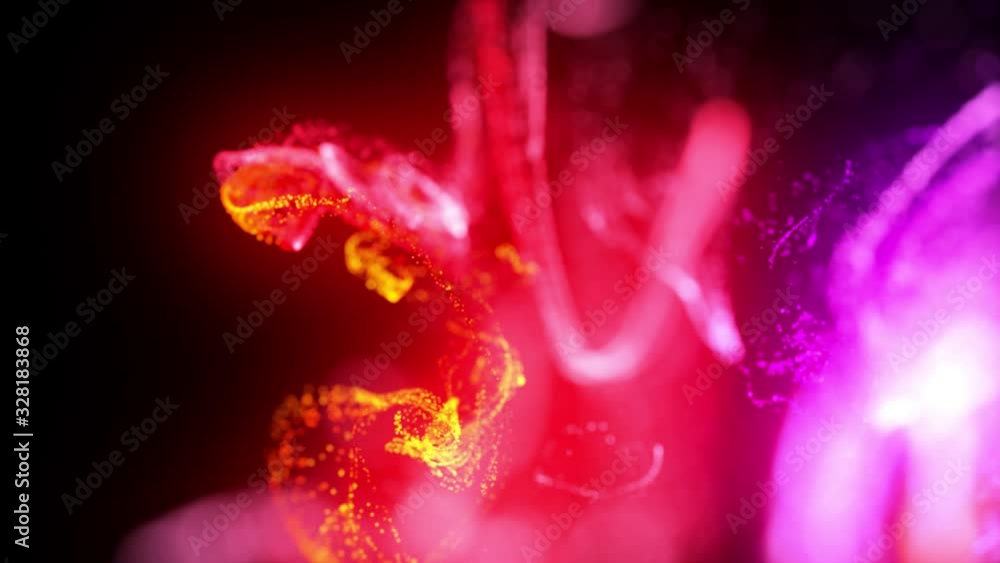Poster injection of fluorescent red violet ink in water in 4k. 3d render of glow particles in ink flow. lum