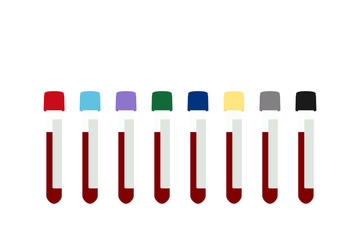 Common types of colour coded blood vacutainers or collection tubes, vector illustration