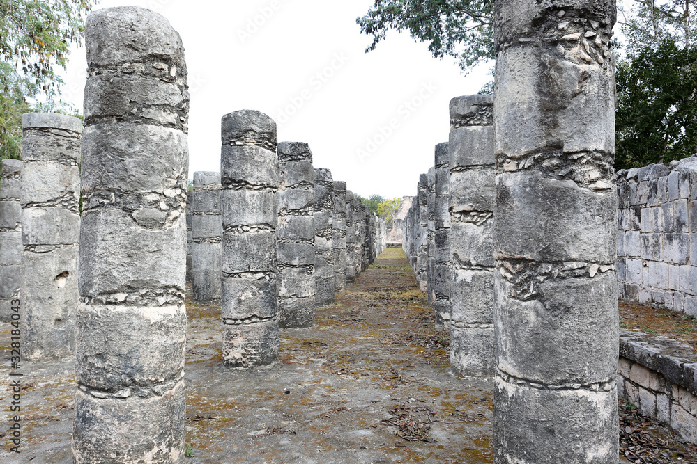 Wall mural columns in the temple of a thousand warriors, chichen itza, mexico