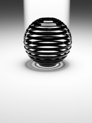 3d abstract black plastic ribbed sphere on white reflective flat floor with light behind