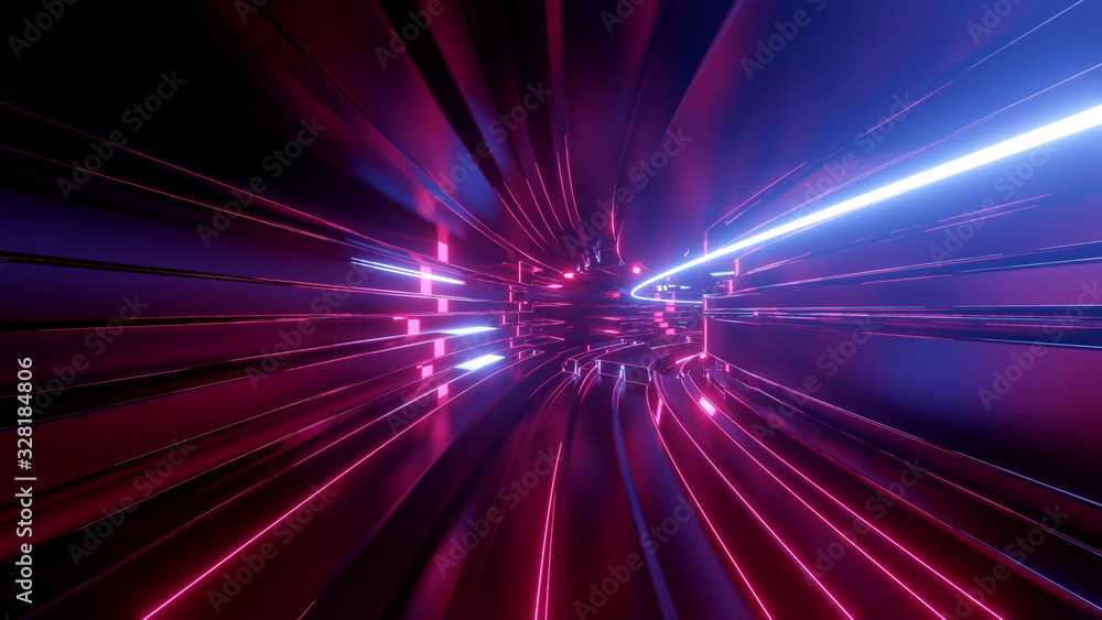 Poster sci-fi tunnel with neon lights. abstract high-tech tunnel as background in the style of cyberpunk or