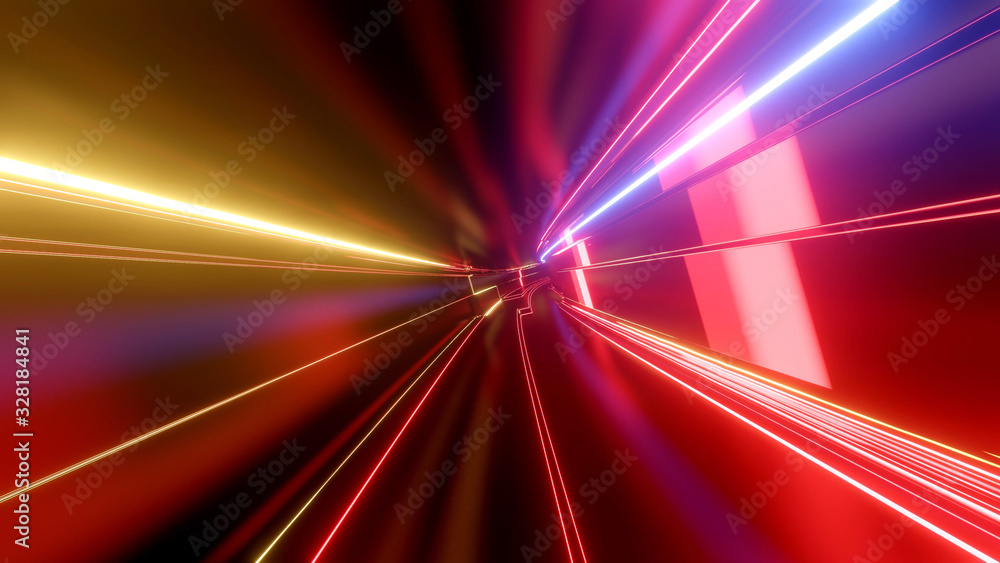 Poster sci-fi tunnel with neon lights. abstract high-tech tunnel as background in the style of cyberpunk or
