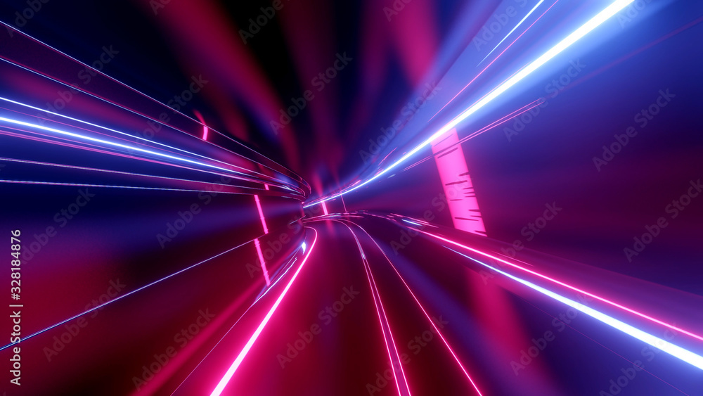 Poster sci-fi tunnel with neon lights. abstract high-tech tunnel as background in the style of cyberpunk or