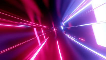 Sci-fi tunnel with neon lights. Abstract high-tech tunnel as background in the style of cyberpunk or high-tech future. Blue red colors 6