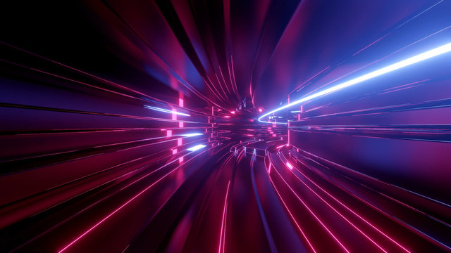 Sci-fi tunnel with neon lights. Abstract high-tech tunnel as background in the style of cyberpunk or high-tech future. Blue red colors 5