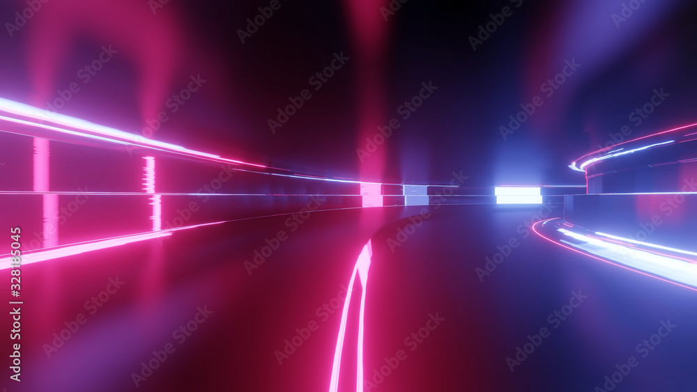 Poster sci-fi tunnel with neon lights. abstract high-tech tunnel as background in the style of cyberpunk or