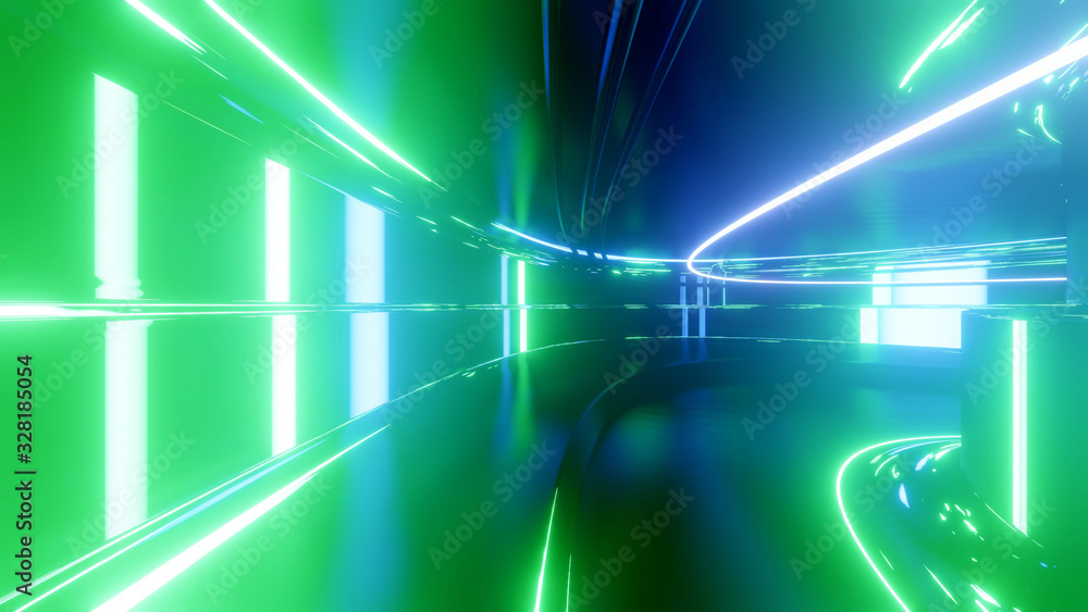Poster sci-fi tunnel with neon lights. abstract high-tech tunnel as background in the style of cyberpunk or