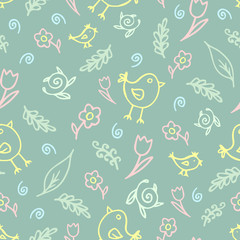 The pattern of small flowers and birds. The pattern of small flowers. Contour drawings on a turquoise background.