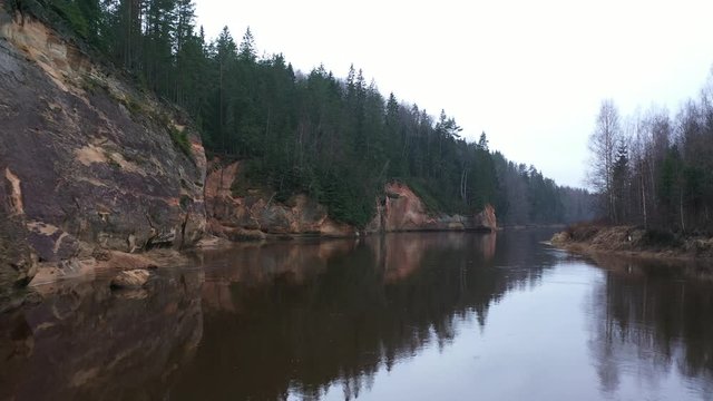 Drone camera clip of Erglu sandsstone Cliffs and great view on the Gauja Valley