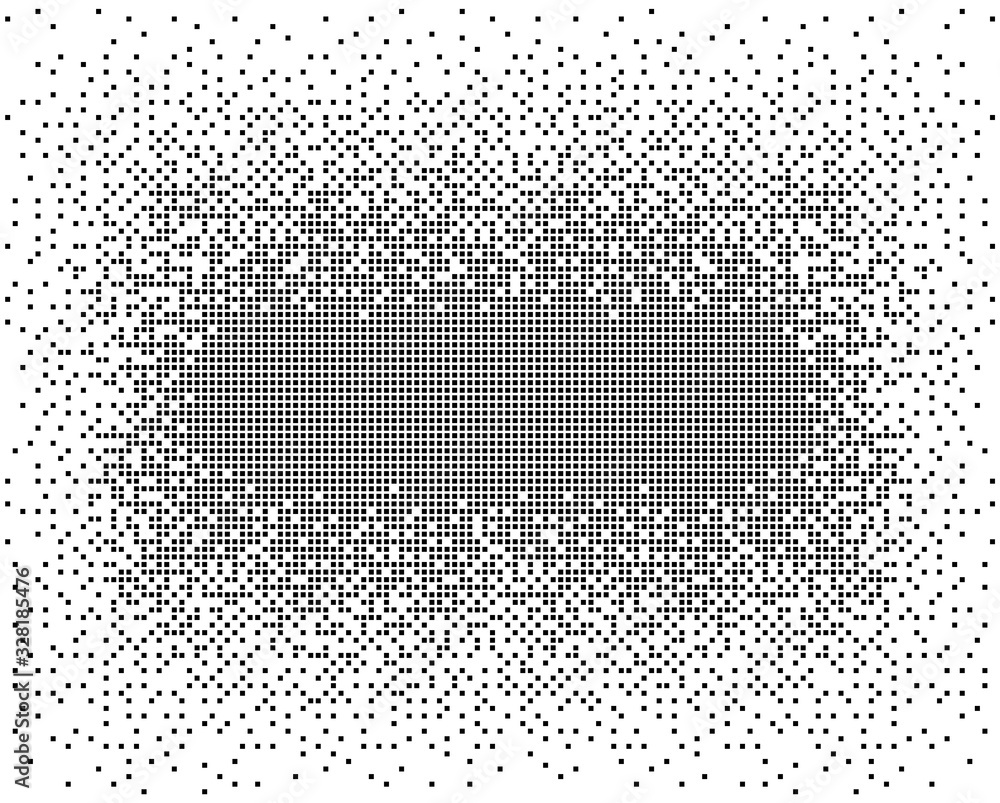 Poster halftone pixels dissolve, small chaotic particles. an explosion, the squares. vector abstract illust