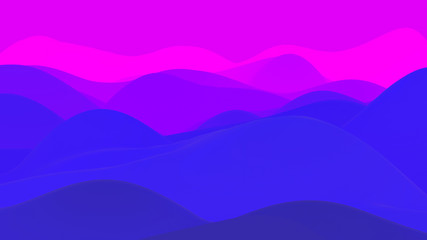 Fototapeta na wymiar abstract fantastic background, liquid gradient of paint with internal glow forms hills or peaks like landscape in subsurface scattering material, mat color transitions. Blue purple
