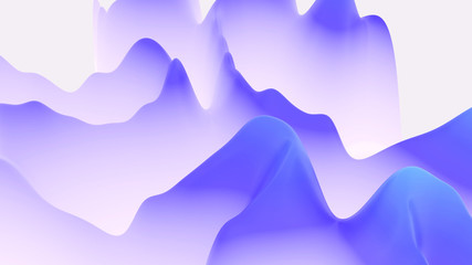 abstract fantastic background, liquid gradient of paint with internal glow forms hills or peaks like landscape in subsurface scattering material, mat color transitions. Blue color