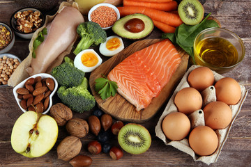 healthy eating and diet concept, natural rich in protein food on rustic table