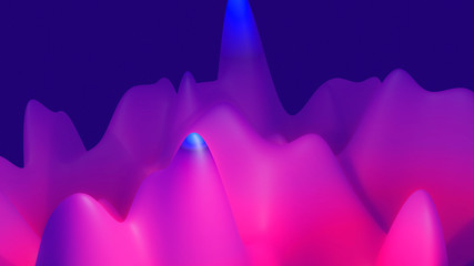 abstract fantastic background, liquid gradient of paint with internal glow forms hills or peaks like landscape in subsurface scattering material, mat color transitions. Blue purple
