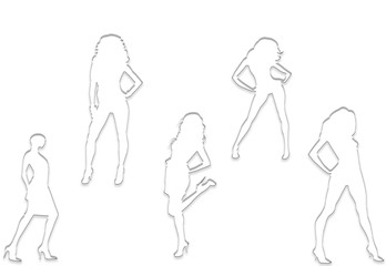 Five silhouettes of woman models on a white background illustration.
