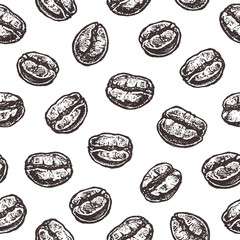 Coffee beans on white background. Vintage vector seamless pattern