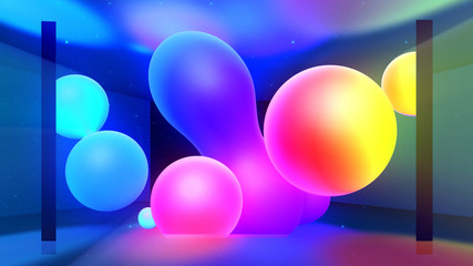 Spheres or balls in room merge like liquid wax drops or metaballs in-air. Liquid gradient of rainbow colors on drops with multi-colored glow, scattering light inside. 3d render 1