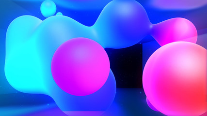 Spheres or balls in room merge like liquid wax drops or metaballs in-air. Liquid gradient of rainbow colors on drops with multi-colored glow, scattering light inside. 3d render 2
