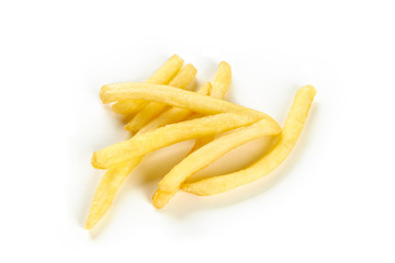 a pile of potato fries close up isolated on a white background.