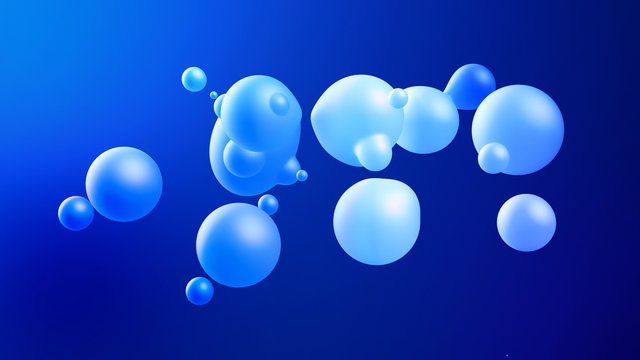 Spheres or balls merge like liquid wax drops or metaballs in-air. Liquid gradient of blue colors on beautiful drops with glow, scattering light inside. 3d render. 17