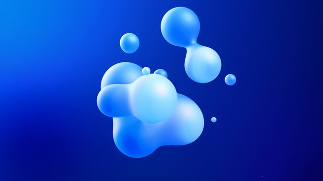Spheres or balls merge like liquid wax drops or metaballs in-air. Liquid gradient of blue colors on beautiful drops with glow, scattering light inside. 3d render. 15