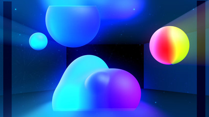 Spheres or balls in room merge like liquid wax drops or metaballs in-air. Liquid gradient of rainbow colors on drops with multi-colored glow, scattering light inside. 3d render 7