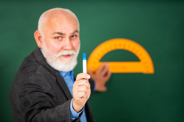 Man bearded tutor chalkboard background. Mature lecturer share knowledge. Stem knowledge. Knowledge concept. Investigation and research. Develop attitude openness and flexibility towards learning