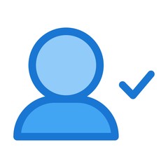 User icon with checkmark sign in flat style. Accepted friendship, confirmed connection signs. Approved profile with tick symbol.